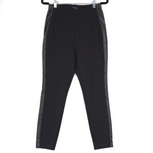ST. JOHN Leggings Wool Blend Pants Black Side LEATHER Trim Santana Knit MEDIUM